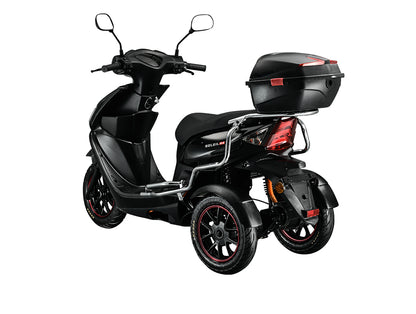 Electric tricycle, scooter with EEC, Euro5, 1000W motor, top speed 22MPH, 75-mile range, 60V23.4AH lithium battery, double-passenger load capacity 397 lbs, 3.5-10 inch heavy-duty vacuum tires.