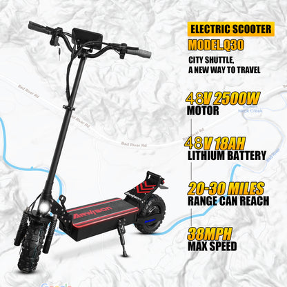 Foldable Electric Scooter for Adults, 2500W Motor, Up to 38MPH Range 30 Miles, 48V/16AH Battery, 440 Lbs 11" Heavy Duty Vacuum Off-Road Tire.