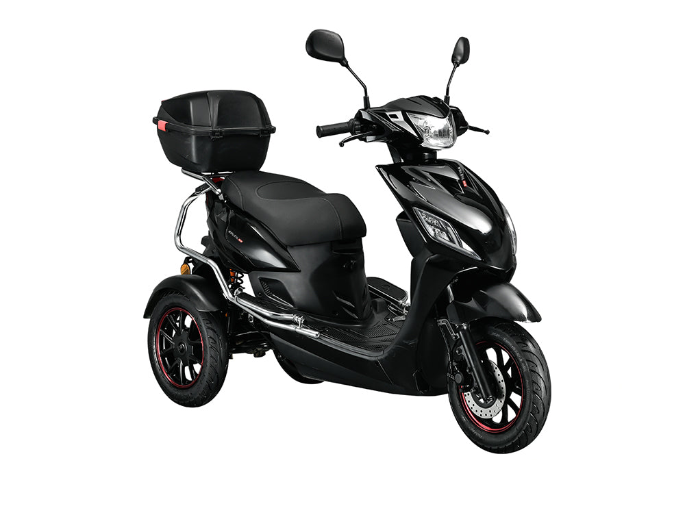 Electric tricycle, scooter with EEC, Euro5, 1000W motor, top speed 22MPH, 75-mile range, 60V23.4AH lithium battery, double-passenger load capacity 397 lbs, 3.5-10 inch heavy-duty vacuum tires.