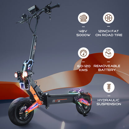 Foldable Electric Scooter with Seat, 5000W Dual Motors, 50MPH, 48V35AH Removable Battery, 75 Mile Range, 12 Inch Tubeless Off-Road Tires - Suitable for Adults