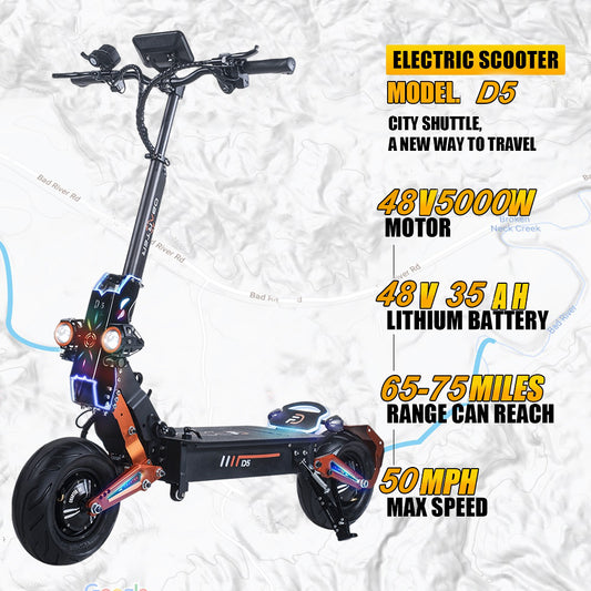 Foldable Electric Scooter with Seat, 5000W Dual Motors, 50MPH, 48V35AH Removable Battery, 75 Mile Range, 12 Inch Tubeless Off-Road Tires - Suitable for Adults