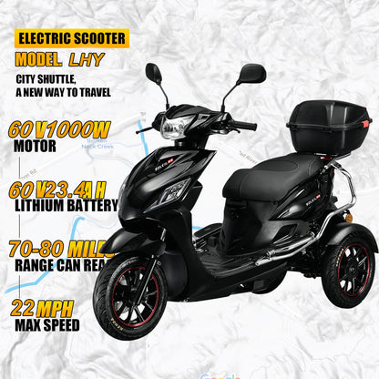 Electric tricycle, scooter with EEC, Euro5, 1000W motor, top speed 22MPH, 75-mile range, 60V23.4AH lithium battery, double-passenger load capacity 397 lbs, 3.5-10 inch heavy-duty vacuum tires.